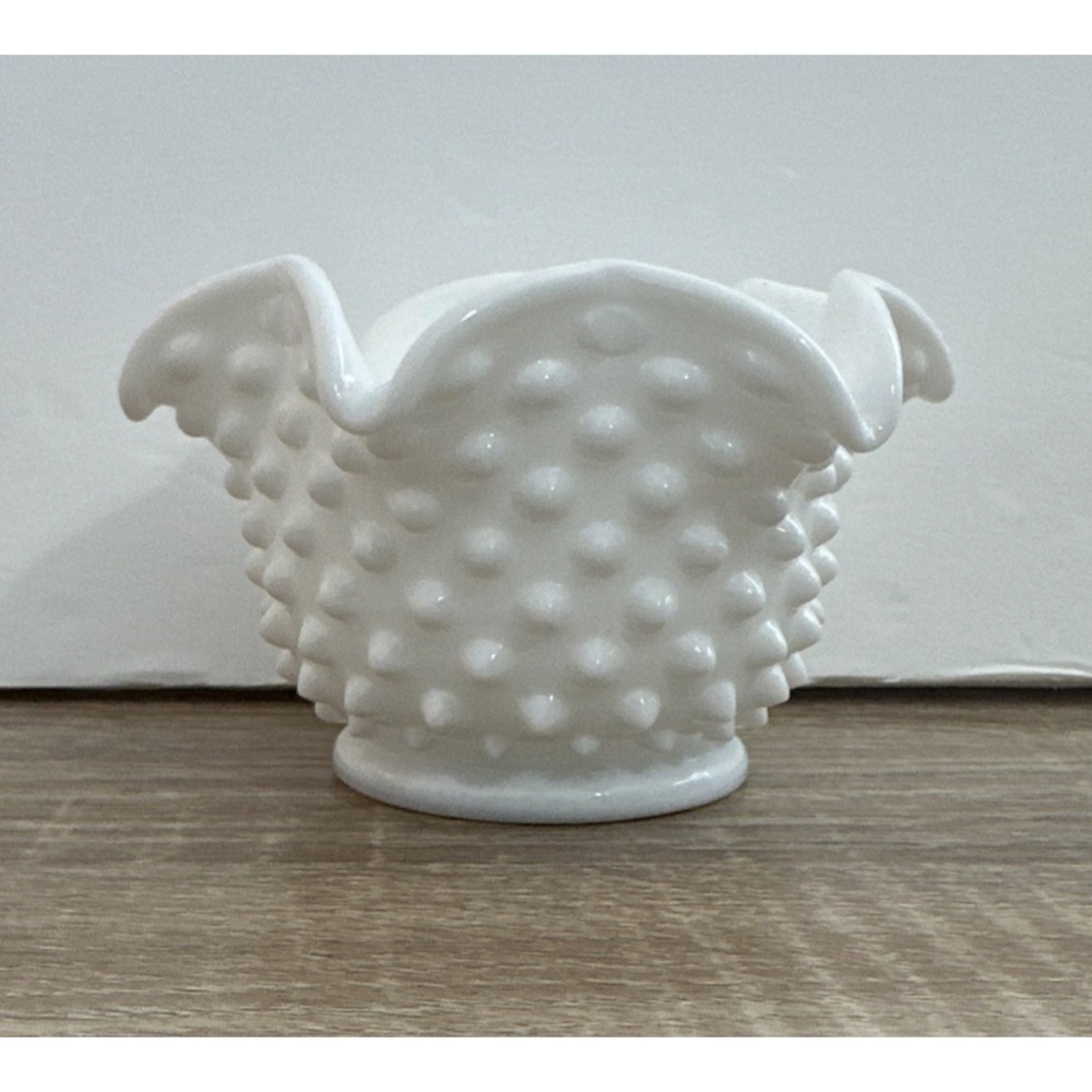 FENTON Milk Glass Vintage Ruffled Bowl‎ Hobnail Pattern 3"x4.5"x2" Candle Holder